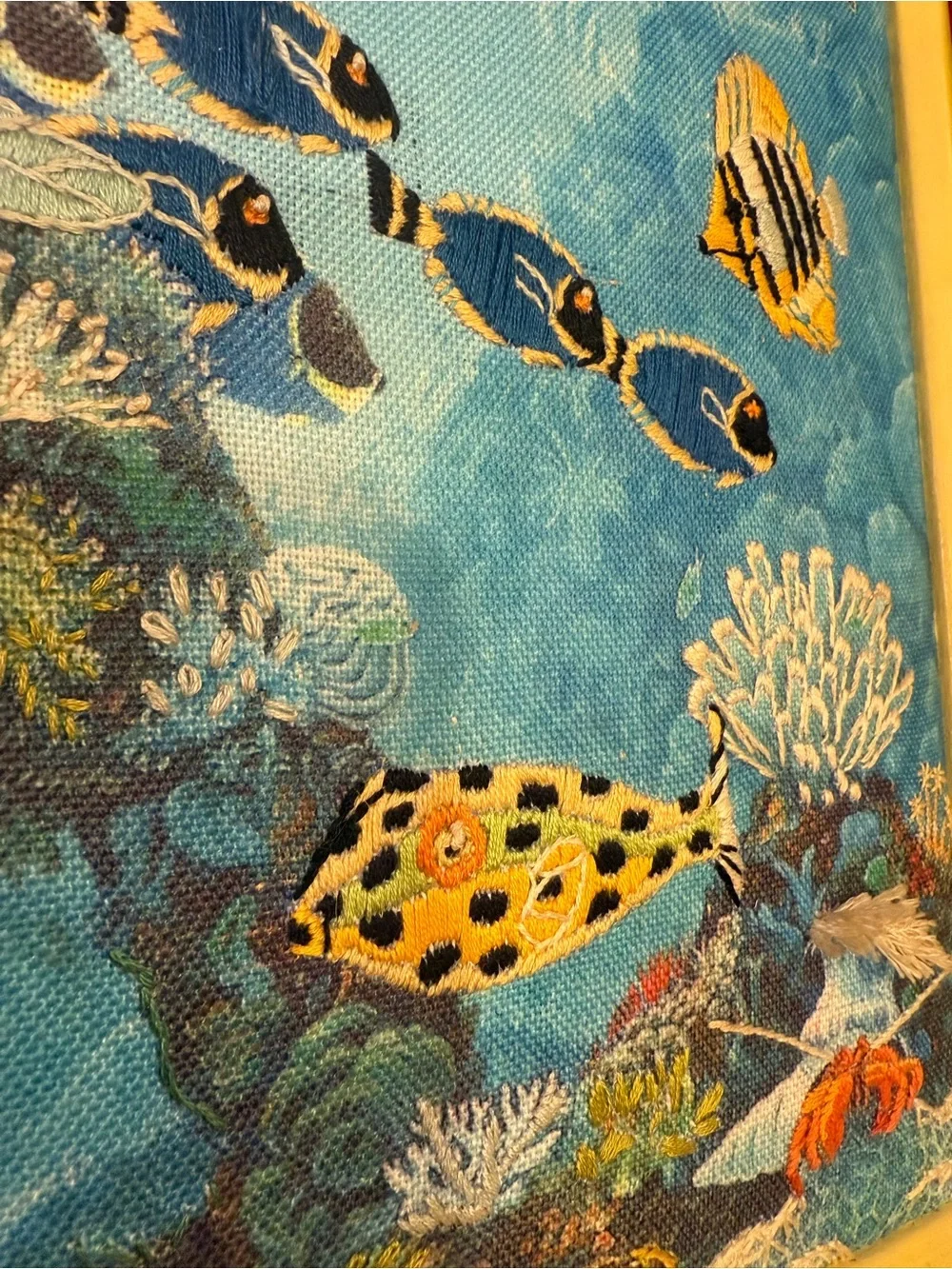 Unique Tropical Fish Reef Needle Point Embroidered Wall Art in Blue and Yellow